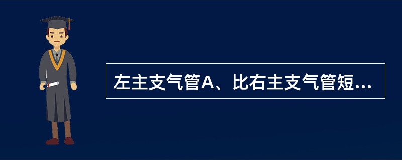 左主支气管A、比右主支气管短B、走向比右主支气管垂直C、管腔较右主支气管为细D、