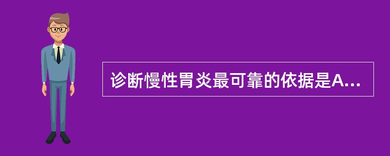 诊断慢性胃炎最可靠的依据是A、胃镜及黏膜活组织检查B、胃液分析C、胃脱落细胞检查