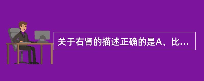 关于右肾的描述正确的是A、比左肾高B、第12肋斜跨其后方中部C、上端平第11胸椎