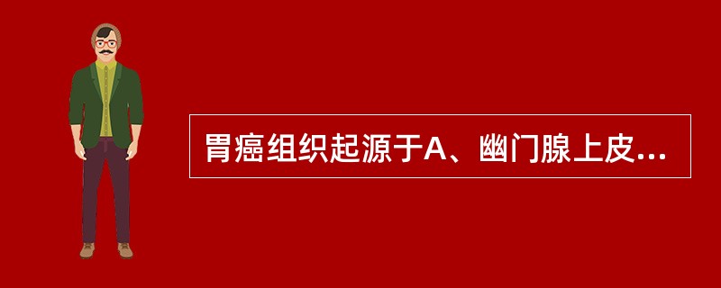 胃癌组织起源于A、幽门腺上皮细胞B、胃腺颈部的干细胞C、胃壁细胞D、胃主细胞E、