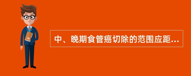 中、晚期食管癌切除的范围应距肿瘤边缘A、10cm以上B、5cm以上C、2cm以上