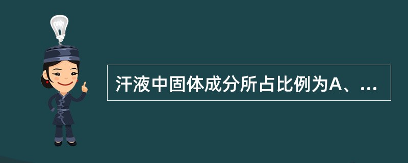 汗液中固体成分所占比例为A、5％～1.0%B、2％～1.5%C、7％～2.0%D