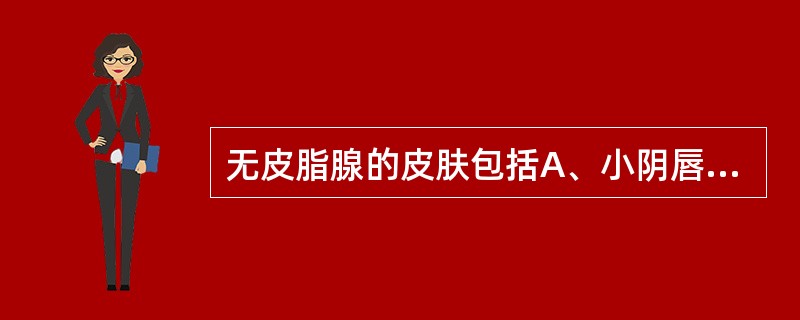 无皮脂腺的皮肤包括A、小阴唇B、大阴唇内侧C、包皮D、口唇E、足跖