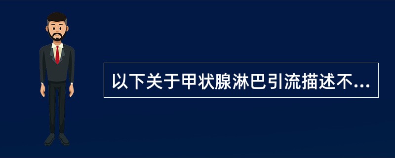 以下关于甲状腺淋巴引流描述不正确的是A、甲状腺的淋巴管起源于甲状腺滤泡周围，在腺