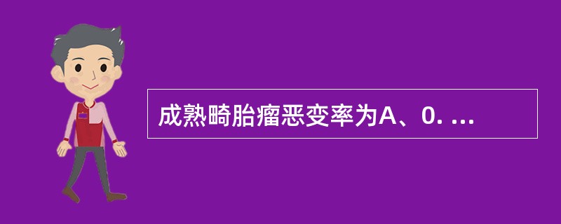 成熟畸胎瘤恶变率为A、0. 01%～0. 03%B、2%～4%C、0.6%～1%