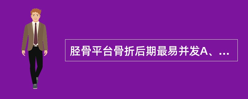 胫骨平台骨折后期最易并发A、缺血性肌挛缩B、缺血性骨坏死C、足下垂D、迟发性畸形