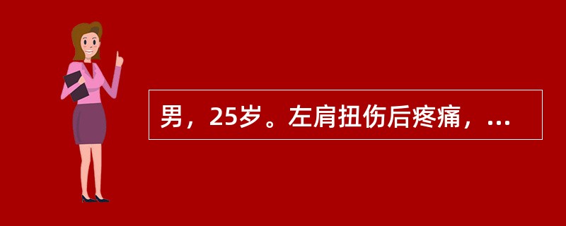 男，25岁。左肩扭伤后疼痛，上臂外展及后伸活动受限，肩前方喙突处压痛，肘关节伸直