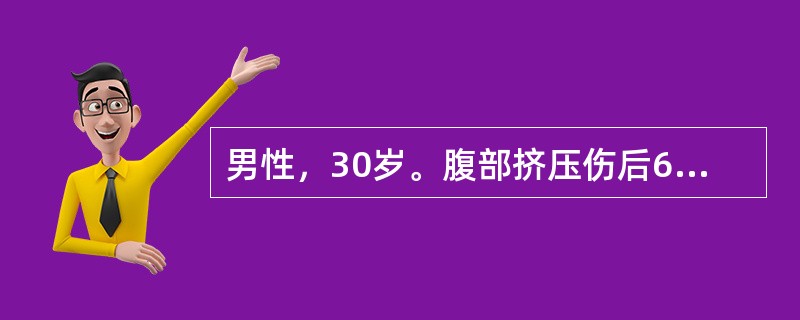 男性，30岁。腹部挤压伤后6小时。查体：T37.2℃，P88次／分，R16次／分