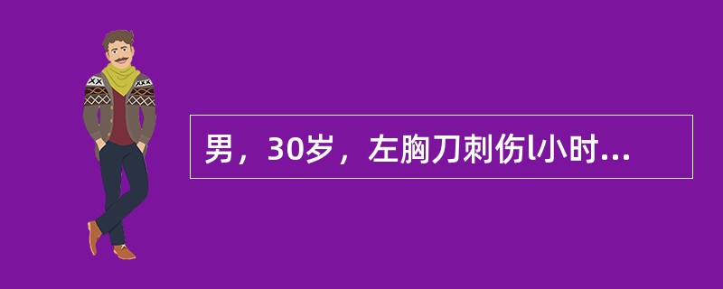 男，30岁，左胸刀刺伤l小时，呼吸困难。体格检查：左胸壁5cm长伤口，气体随呼吸