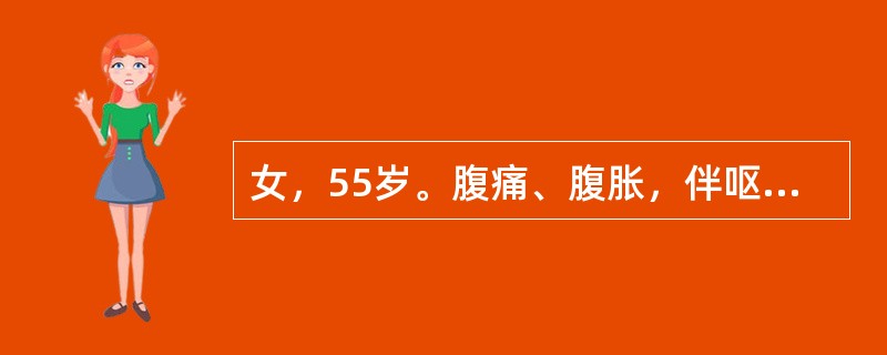 女，55岁。腹痛、腹胀，伴呕吐、肛门停止排气排便18小时来诊，查体：生命体征平稳