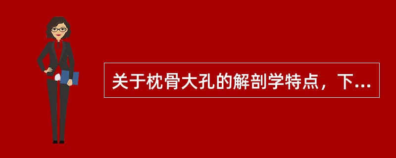 关于枕骨大孔的解剖学特点，下列描述错误的是A、位于颅中窝的中央靠近颅后窝B、下缘