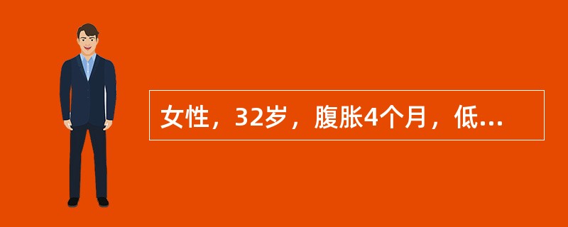 女性，32岁，腹胀4个月，低热，盗汗，查：全腹压痛，右上腹可触及不易推动肿块，边