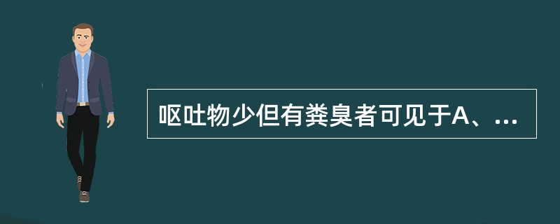 呕吐物少但有粪臭者可见于A、急性中毒B、肠梗阻C、幽门梗阻D、肝炎E、急性肠炎