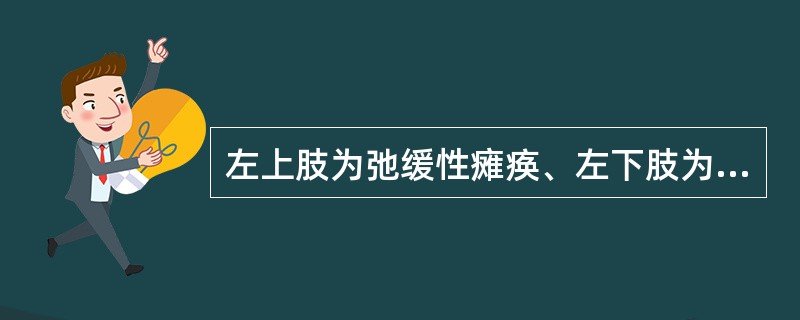 左上肢为弛缓性瘫痪、左下肢为痉挛性瘫痪，其病变部位在A、右侧延髓下部B、左侧颈髓