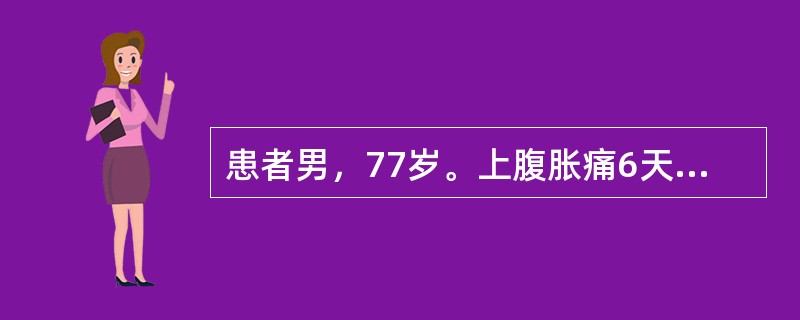 患者男，77岁。上腹胀痛6天，今晨空腹来诊，查体发现上腹有振水音。该患者可能是