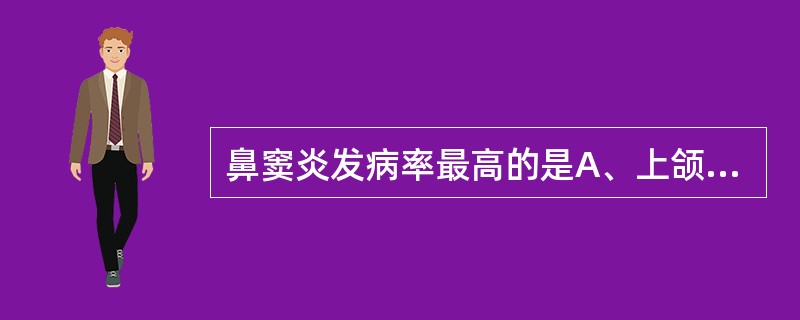 鼻窦炎发病率最高的是A、上颌窦炎B、筛窦炎C、蝶窦炎D、额窦炎E、额窦炎合并蝶窦