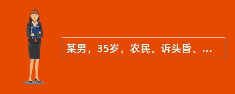 某男，35岁，农民。诉头昏、耳鸣、心悸、气急近1个月。一般检查：体温正常，脉搏9