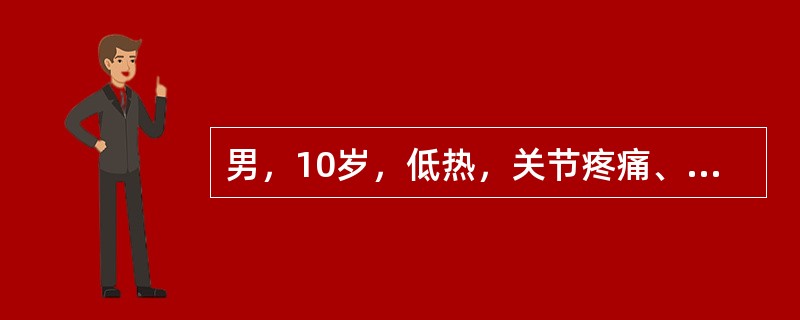 男，10岁，低热，关节疼痛、鼻出血1周。体检：颈部淋巴结肿大，肝、脾肋下1.0c