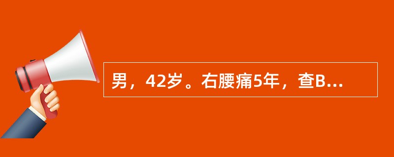 男，42岁。右腰痛5年，查B超：右肾中度积水，腹部平片可见右侧输尿管中段结石1．