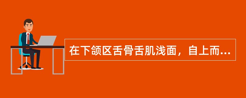 在下颌区舌骨舌肌浅面，自上而下依次排列的解剖结构为( )。A、下颌下腺导管、舌神