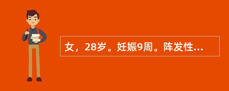 女，28岁。妊娠9周。阵发性下腹痛2日，阴道少量流血1日就诊。为确定是否能够继续