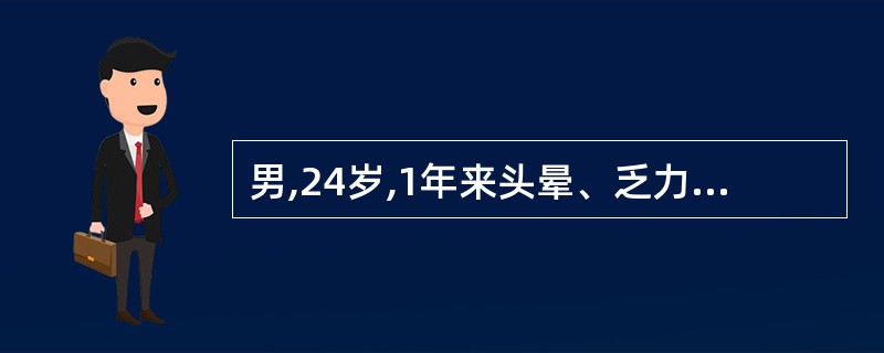 男,24岁,1年来头晕、乏力、心悸,经常鼻出血、牙龈出血。查体:贫血状,皮肤有瘀