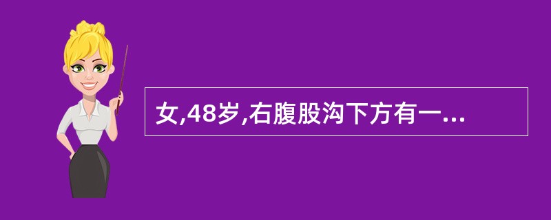 女,48岁,右腹股沟下方有一半球形肿物,平卧时肿物缩小,站立时肿块复出且局部有胀