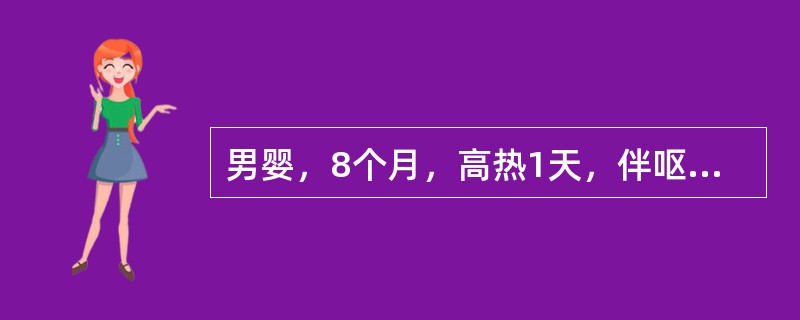 男婴，8个月，高热1天，伴呕吐、烦躁、抽搐。查体：面色晦暗，前囟饱满，双目凝视，