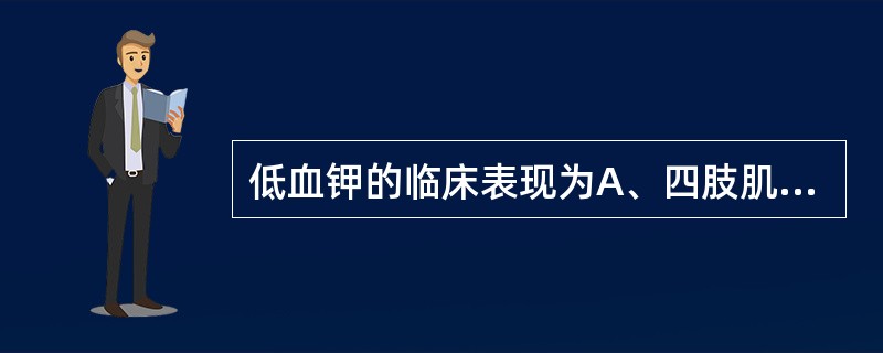 低血钾的临床表现为A、四肢肌无力B、腹胀，肠鸣音减弱C、心率减慢D、心音低钝E、