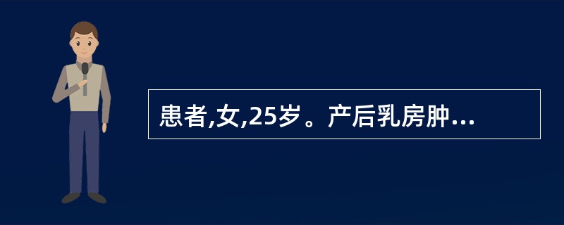 患者,女,25岁。产后乳房肿块疼痛,排乳不畅,皮色正常,局部发热,压痛,无应指感