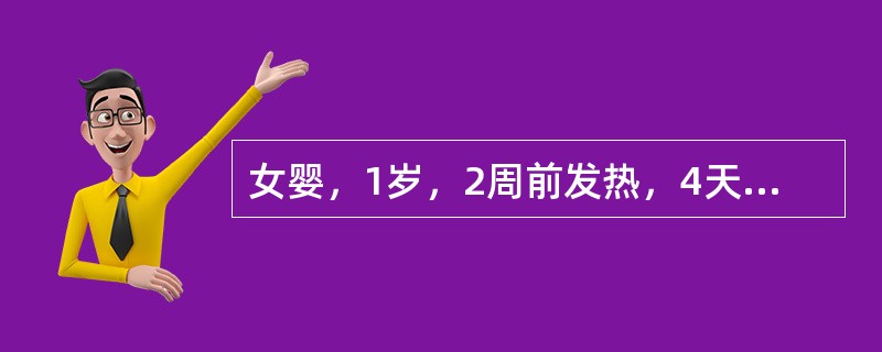 女婴，1岁，2周前发热，4天后出疹。皮疹3天出齐，3天来体温已退，查体可见躯干四