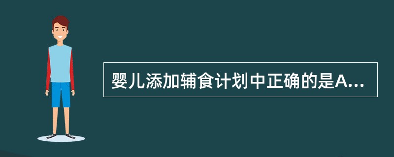 婴儿添加辅食计划中正确的是A、4个月开始添加鱼肝油B、1～2个月添加水果汁、菜水