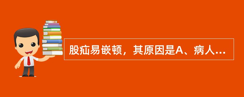 股疝易嵌顿，其原因是A、病人体质差B、病人腔隙较薄弱C、股管上口宽大松弛D、病人