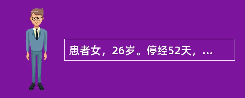 患者女，26岁。停经52天，阴道点滴流血2天，伴轻微下腹部阵发性疼痛，尿妊娠试验