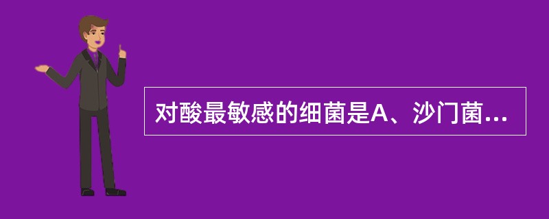 对酸最敏感的细菌是A、沙门菌B、变形杆菌C、副溶血弧菌D、葡萄球菌E、蜡样芽孢杆