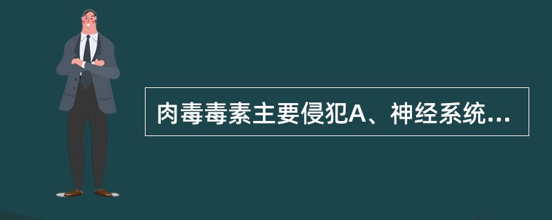 肉毒毒素主要侵犯A、神经系统B、消化系统C、心血管系统D、生殖系统E、骨骼系统