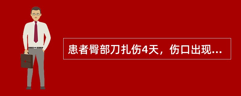 患者臀部刀扎伤4天，伤口出现“胀裂样”剧痛。检查：伤口周围皮肤水肿、紧张、苍白，