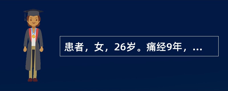 患者，女，26岁。痛经9年，症见经行不畅，小腹胀痛，拒按，经色紫红，夹有血块，脉