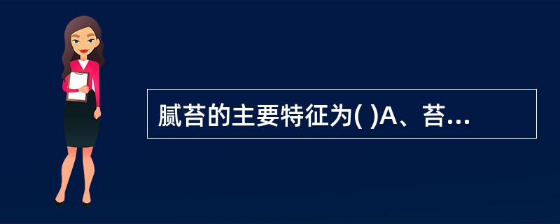 腻苔的主要特征为( )A、苔质颗粒细腻致密B、苔质颗粒疏松，粗大而厚C、舌苔水分