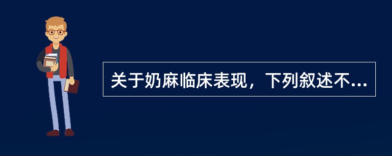 关于奶麻临床表现，下列叙述不正确的是A、突发高热，体温达39～40℃B、咽峡部可