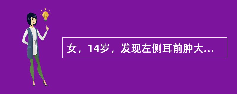 女，14岁，发现左侧耳前肿大三月余，PE：左颊部耳前弥漫性隆起，无压痛，CT如图