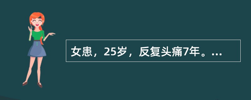 女患，25岁，反复头痛7年。每次发作前约l小时心烦，跟前有异彩和暗点持续约半小时