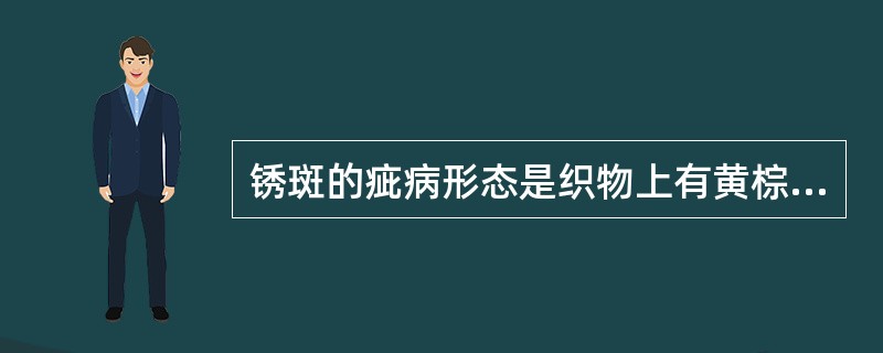 锈斑的疵病形态是织物上有黄棕色铁锈斑渍，严重时有破洞。
