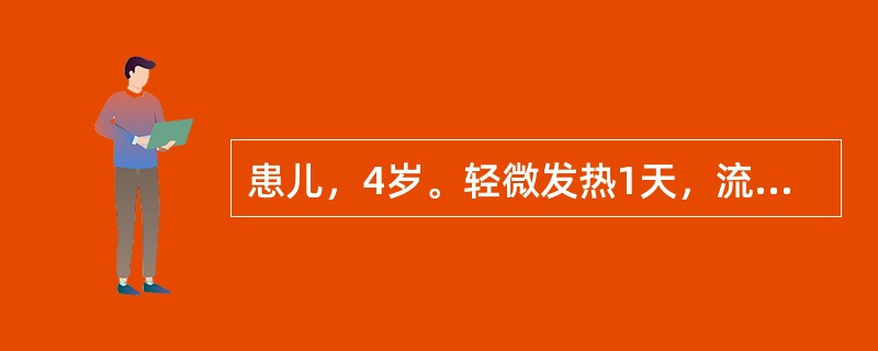 患儿，4岁。轻微发热1天，流涕咳嗽，口腔内及手掌、足心可见米粒大斑丘疹，疹色红润