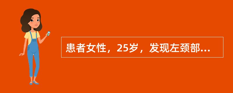 患者女性，25岁，发现左颈部结节一周。查体：左叶甲状腺下极可触及一约2cm×2.