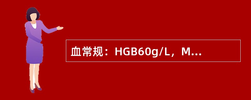 血常规：HGB60g/L，MCH58pg/L，PLT80×109/L，WBC3.
