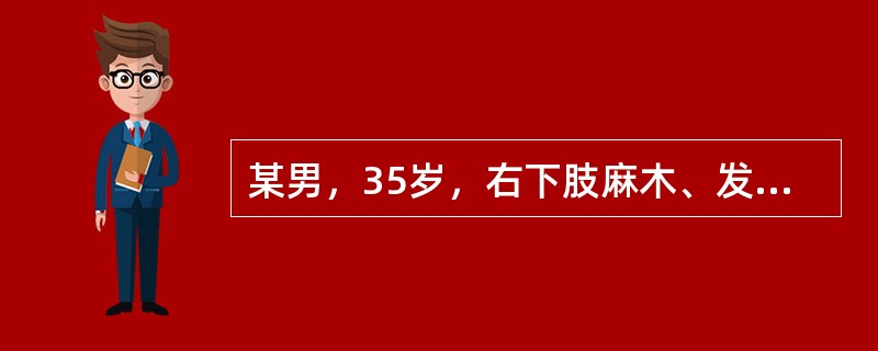 某男，35岁，右下肢麻木、发凉、怕冷2年，每行走约1km需停下休息。体检：右下肢