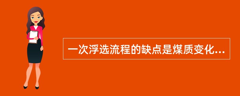 一次浮选流程的缺点是煤质变化时产品质量波动较大，浮选难浮煤时，精煤灰分和（）都不