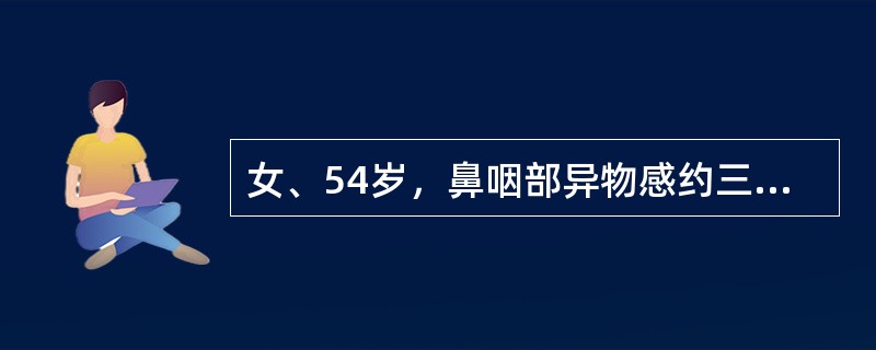 女、54岁，鼻咽部异物感约三个月，PE：左侧声带固定，可见肿物，CT如图所示，应