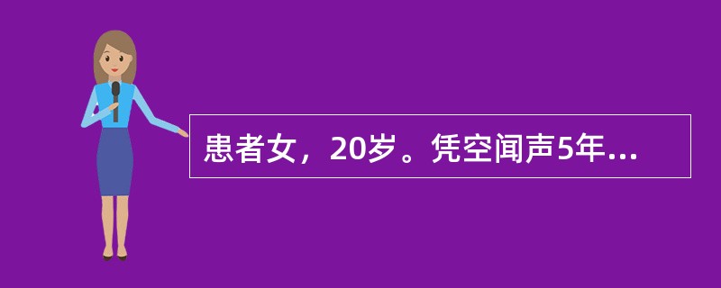 患者女，20岁。凭空闻声5年，自语、自笑，生活懒散，冲动打人半年入院。既往体健。